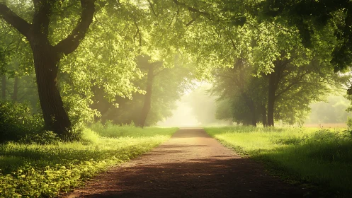 Sunlit tree-lined path through green park landscape.