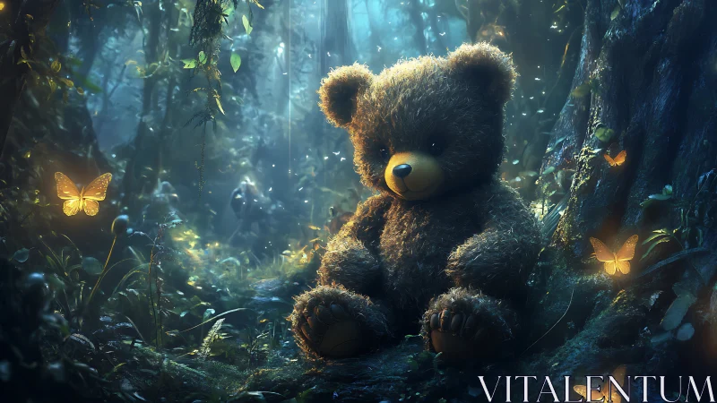 Gentle teddy bear resting in a glowing forest of fireflies.