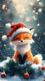 Digital painting of festive fox in snowy pine vignette.