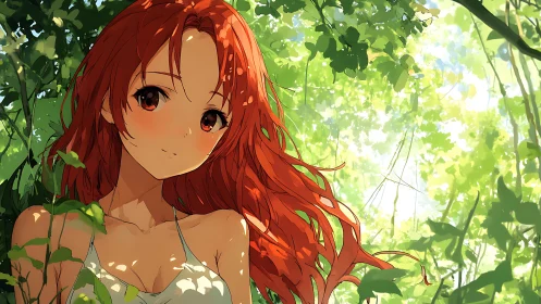 Red haired anime girl in green forest foliage lighting.