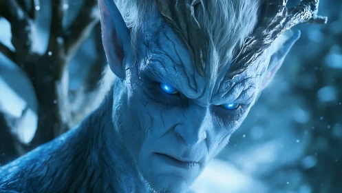 Frostborn horned entity with glowing eyes in icy mist.