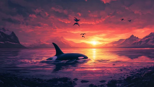 Digital orca seascape under saturated magenta arctic sunset