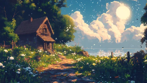 Pixel cottage under bright sky beside wildflower coast.