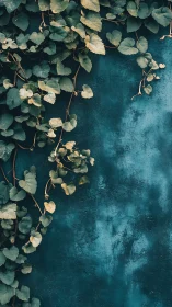 Climbing ivy traces organic curves over textured teal plaster