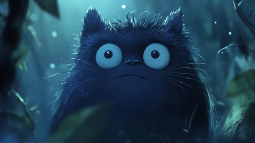 Moonlit fuzzball stares down the forest’s glowing hush.
