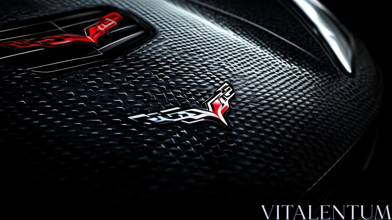 Carbon-fiber sports hood with glossy red performance emblems.