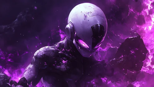 Violet singularity warrior rising from cosmic fracture.