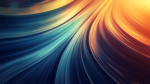 Curved blue and orange light streaks in abstract motion.
