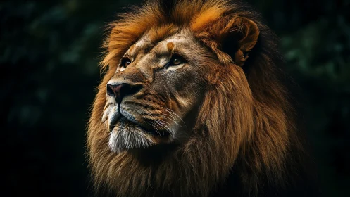 Photorealistic lion portrait with dramatic low-key lighting.