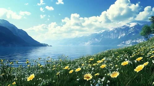 Alpine lake shoreline framed by wildflower meadow in clear light