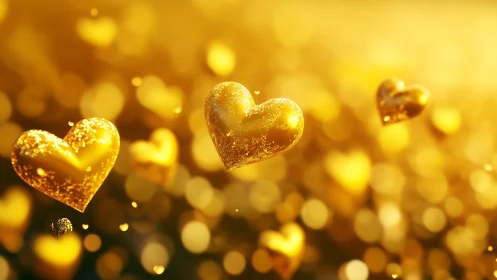 Golden glitter hearts float over luminous bokeh field.