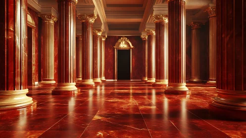 Crimson marble colonnade guarding a secret shadowed doorway.