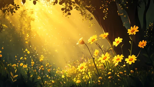 Golden sunlight dances gently over a peaceful wildflower grove