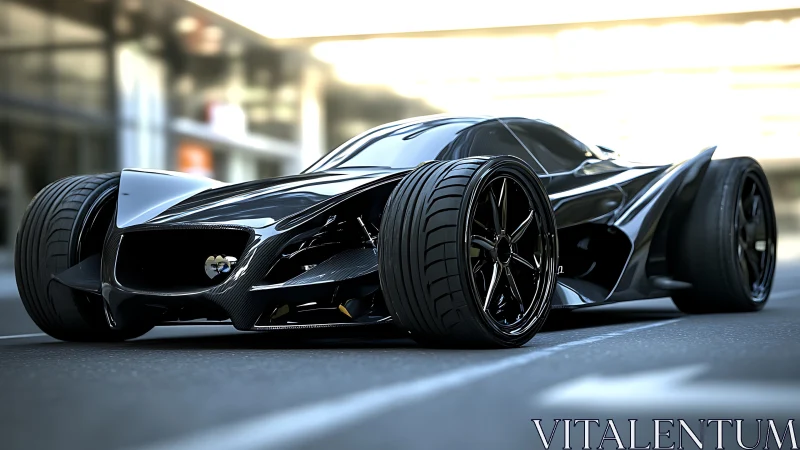 Futuristic black concept supercar rendered on city street