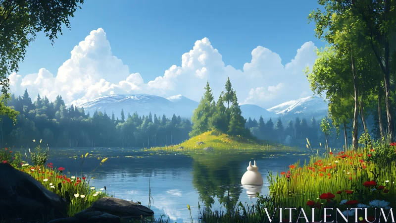 Serene alpine lake island with stylized white creature presence.