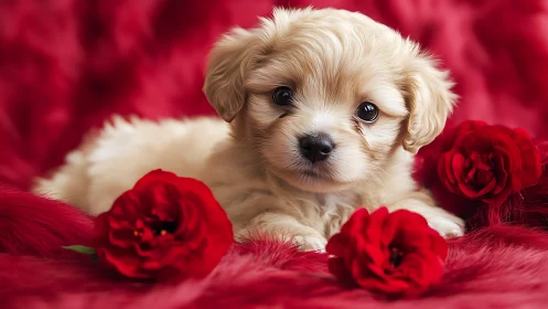 Sweet cream puppy nestled in a bed of crimson roses.