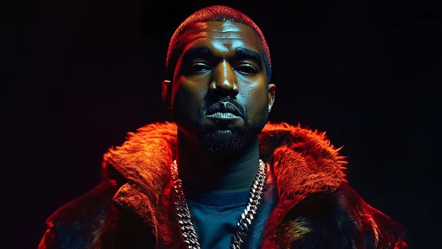 Portrait of man in fur coat under dramatic studio lighting.