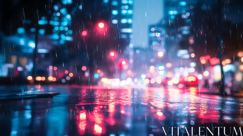 Neon city street glows through heavy midnight rainfall.
