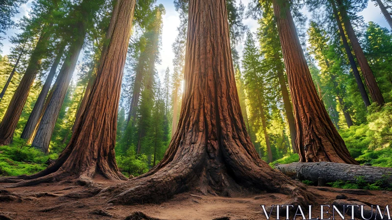 Mature redwood trunks in dense forest under daylight.