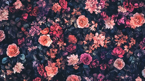 Lush Garden of Coral and Pink Blooms Against Dark Moody Backdrop