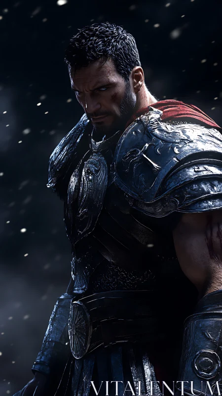 Brooding storm knight in scarred steel armor at nightfall.