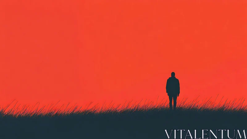 Lone silhouette stands beneath vast burning red sky.