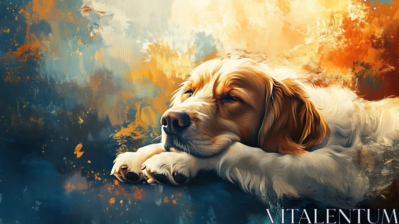 Dreamy golden retriever drifting through painted starlight.