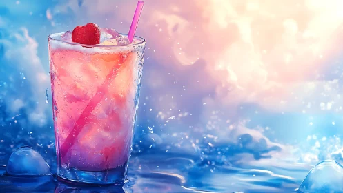 Pink Gradient Cocktail with Ice and Raspberry Garnish.