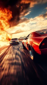 Retro muscle car duel amid explosive sunset chase scene.