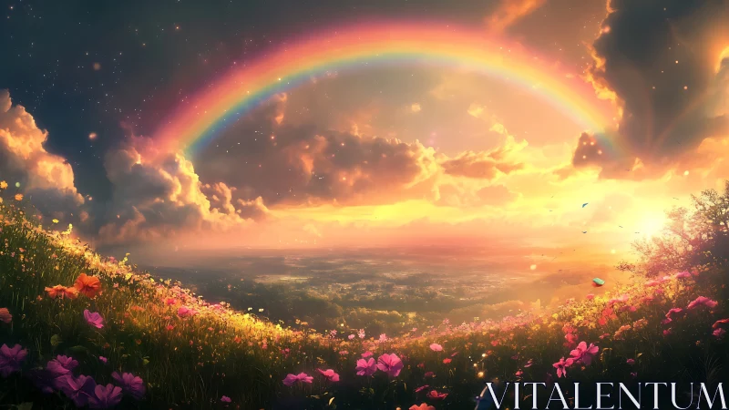 Radiant rainbow arching over sunlit wildflower valley.