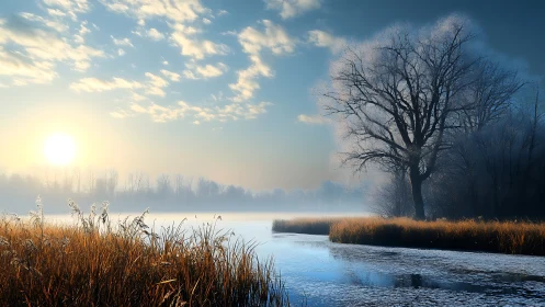 Winter sunrise illuminates frosted riverside reeds and bare trees