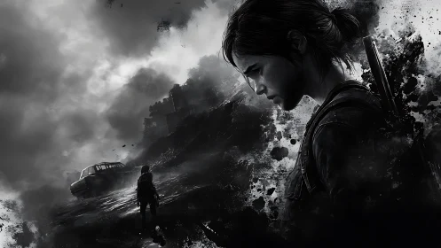 Monochrome female survivor study in hostile landscape.