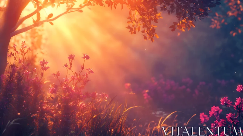 Golden sunrise spilling softly across a secret garden.