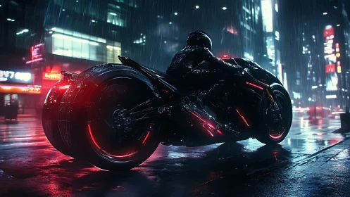 Cyberpunk rider on neon motorcycle in rainy night city.