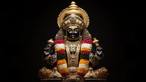 Gilded deity sculpture under dramatic low key studio lighting.