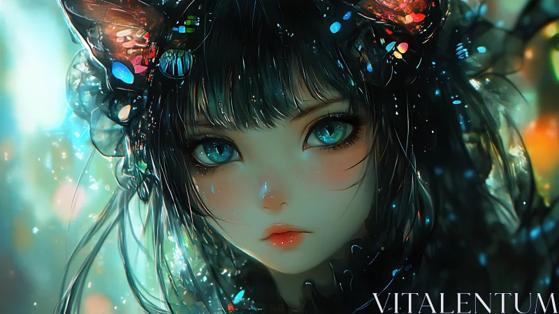 Iridescent cyber-nymph portrait with luminous bokeh refractions