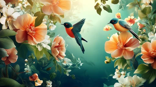 Vibrant songbirds amid lush orange blossoms in dreamy digital art.