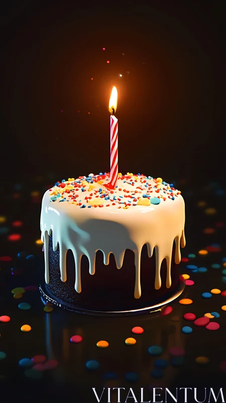 Birthday Cake Glowing with Red Striped Candle and Festive Sprinkles