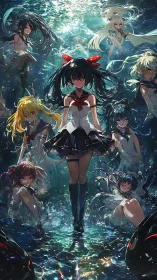 Underwater anime squad in luminous aquatic battle tableau