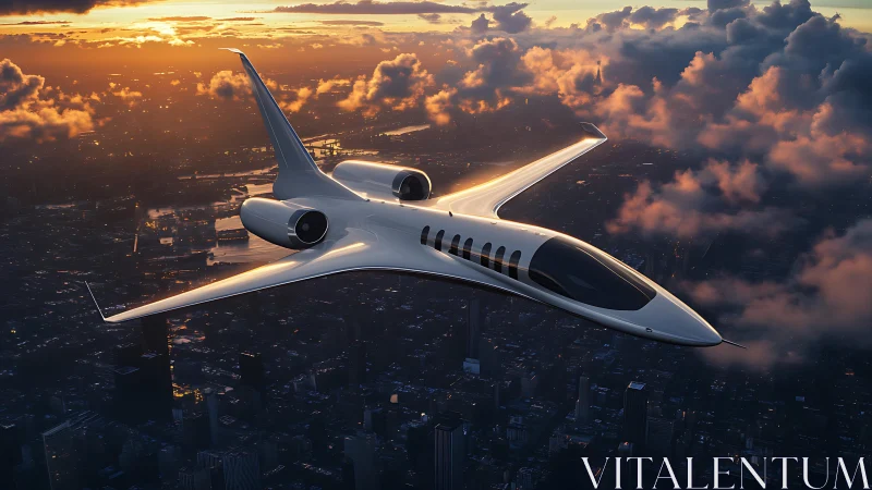 Futuristic private jet slices through glowing sunset clouds