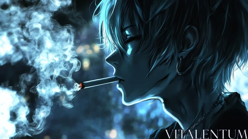 Anime profile portrait with neon rim light and smoke rendering.