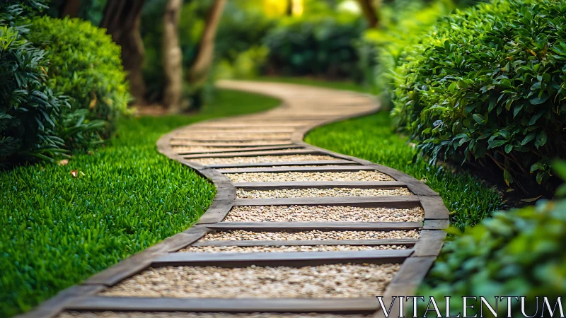 Curving garden pathway with wooden borders and gravel surface.