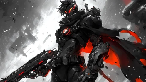 Armored cyber warrior with glowing red cloak and rifle.