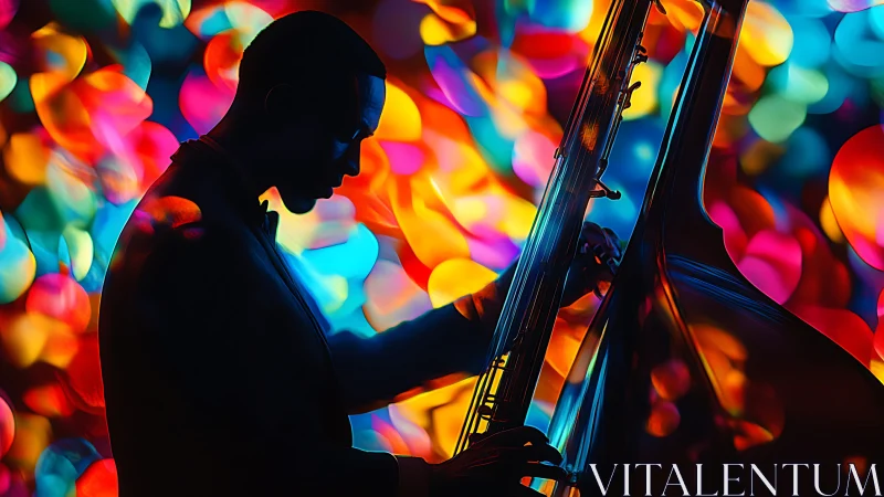 Silhouette of double bass musician against multicolored bokeh.