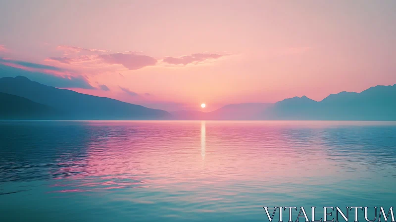 Gentle pastel sunrise glows softly over calm mountain lake