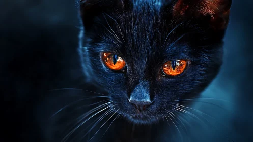 Black cat close-up with vivid orange reflective eyes.