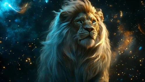 Lion with luminous mane rendered against dense star field