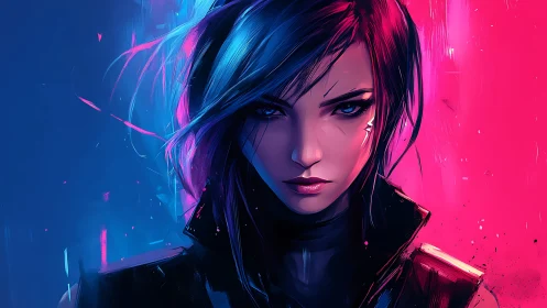 Cyberpunk female portrait with dual neon lighting contrast.