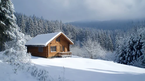 Snow-draped forest cabin dreaming under a quiet winter sky.