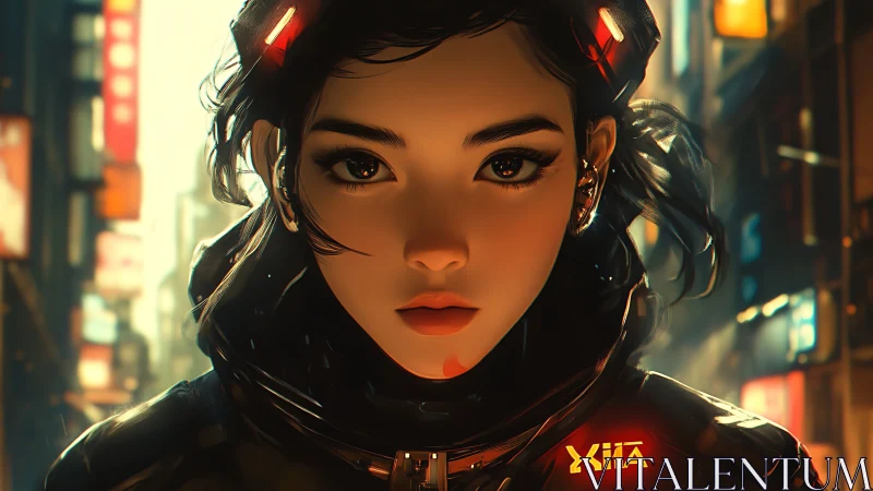 Cyberpunk woman in neon city street, intense close portrait.